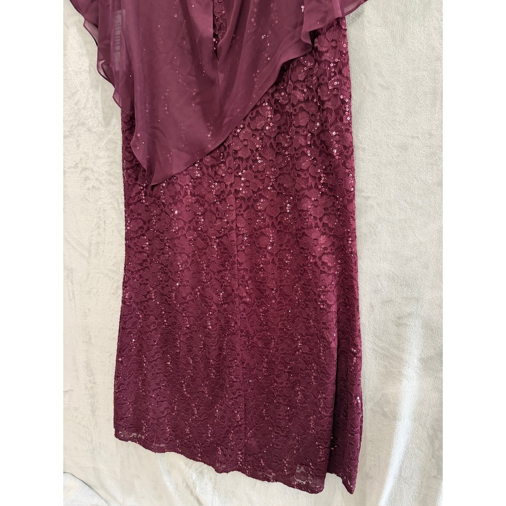 NWT SLNY Evening Gown Women Plum Sequin Lace Chiffon Cape Overlay Dress 14W $169 - Picture 11 of 16
